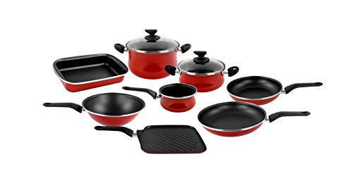 Magefesa Praga batería de cocina (Olla 24Ø con tapa, Cacerola 20Ø con tapa y cazo de 14Ø) Molde de horno de 30 cm, Lote de 2 sartenes 24/28 cm, Wok 28 cm y Asador 27 cm