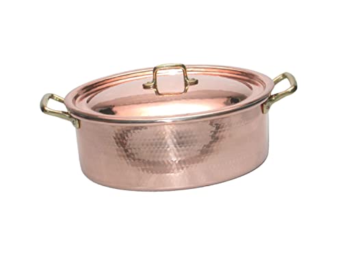CREARTISTIC Cacerola de cobre estañado, olla ovalada (27 x 20 cm, 10 cm de altura) con 2 asas de latón de 4 cm y tapa de cobre, fuente para horno, 100 % hecha a mano en Italia