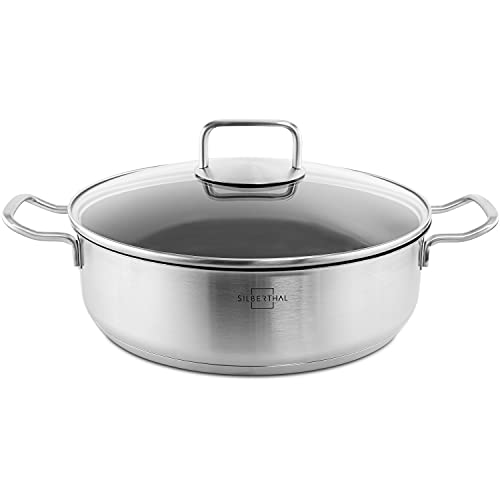 SILBERTHAL Cacerola baja 28 cm Acero inoxidable | Todo tipo de cocinas Inducción y Horno | Cazuela antiadherente | Con tapa de cristal