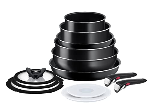 Tefal Ingenio Easy On - Juego de 2 Sartenes + 2 cazos + wok + guisera + 5 accesorios + 2 Mangos extraíbles, sartenes antiadherentes, revestimiento titanio, Thermo-signal, no apto para inducción