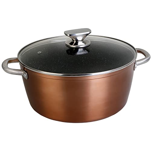 WECOOK! Professional Cazuela Alta Inducción con Tapa de Cristal 28 cm, Antiadherente Ecológico sin PFOA, Aluminio Forjado, Color Cobre, 2,8 mm Espesor, Asas de Acero Inoxidable, Vitrocerámica, Gas