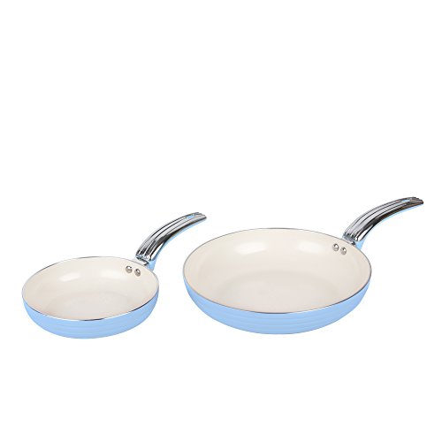 Swan SWPS2010BLN Retro Set Juego 2 Sartenes 20-28cm 3mm, Inducción, Antiadherente Cerámica Marfil Libre PFOA y PTFE, Apta para Todas Las Cocinas, Diseño Vintage, Azul, Aluminio Prensado