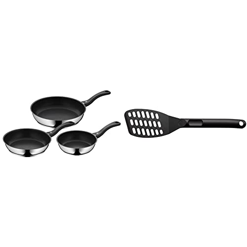 WMF Juego de 3 sartenes antiadherentes Devil 20-24-28 cm, de acero inoxidable y revestimiento antiadherente + Neutral Espátula para sartén, Negro, 31cm