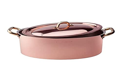 Pentole Agnelli ALCU12630 Cacerola ovalada alta en cobre liso estañado con tapa y 2 asas de latón, 30 cm