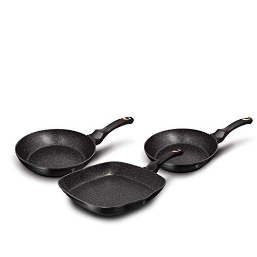 Berlinger Haus Balck Rose Juego 2 Sartenes y Grill Inducción 20-24-28cm, Aluminio Forjado, Antiadherente Ecológico Mármol sin PFOA, Diseño Elegante, para Todas Las Cocinas, Vitrocerámica Gas (BH/6156)