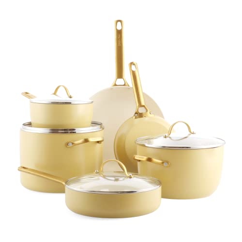 GreenPan Reserve Juego de batería de cocina Antiadherente de Cerámica Sana Anodizada Dura,10 Piezas, Mango Dorado,Incluye Sartenes y Ollas, Sin PFAS, Apto para Inducción,Lavavajillas y Horno,Amarillo