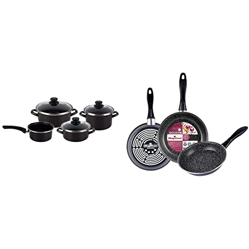 Magefesa Kenia Negra - Batería de Cocina 7 piezas, acero vitrificado exterior negro& K2 Gransasso set 3 sartenes 20/24/28cm, Acero vitrificado exterior, gris, Antiadherente bicapa, efecto piedra