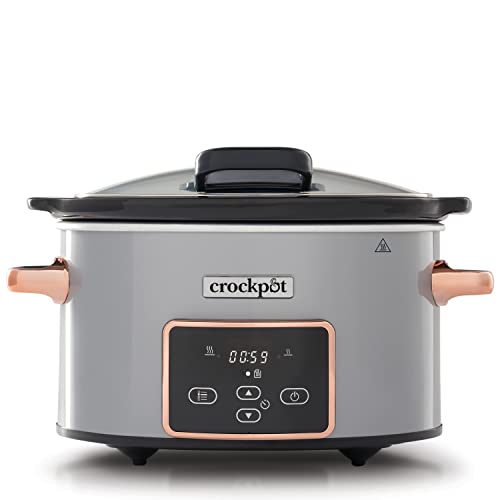 Crock-Pot olla de cocción lenta eléctrica con tapadera abatible, pantalla digital programable, 3,5 l (2-3 personas), función de mantenimiento del calor, color plata y cobre [CSC059X]