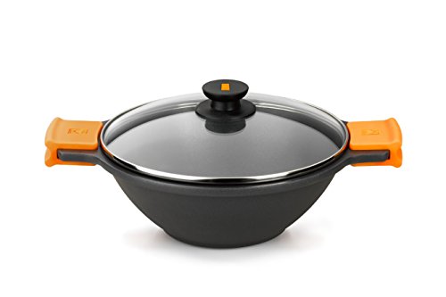 BRA Sartén Wok, Cacerola cóncava, con Tapa de Cristal, Asas de Silicona, Metal, Negro, 24 cm