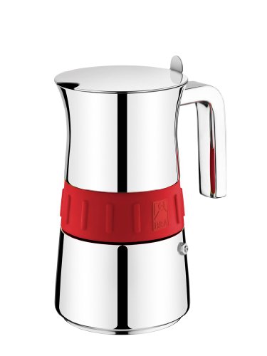 BRA Cafetera Italiana 170568 10T,Elegance, Acero Inoxidable, Gris y Rojo, 10 tazas