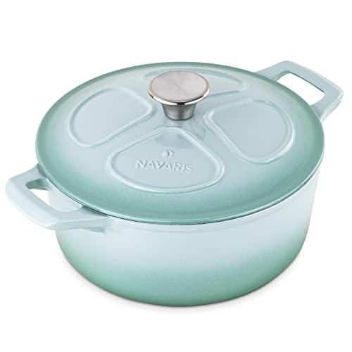 Navaris Cacerola de hierro fundido con tapa - Cazuela con 2 asas para cocinar en horno plancha - Olla cocotte redonda 24 CM - Marmita 3.5 L - Menta