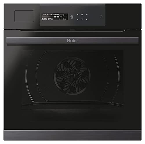 Haier I-Message Steam Series 4 HWO60SM5S5BH- Horno Multifunción con Función Vapor, Limpieza por Aquálisis, Capacidad 70 L, Sonda térmica, 14 Funciones, Interfaz táctil, Negro, 59,5 x 59,5 x 55 cm