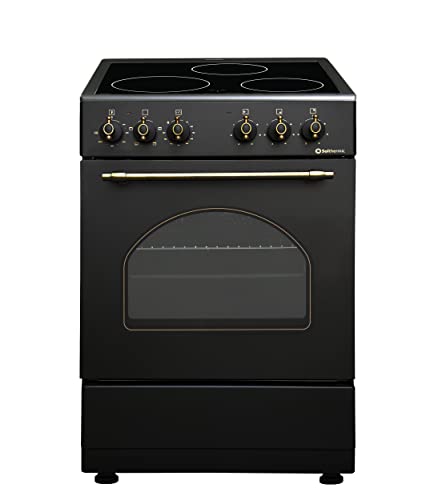 COCINA VITROCERÁMICA CON HORNO ELECTRICO SOLTHERMIC NEGRA RÚSTICA ACABADOS DORADOS/50 CM ancho, 3 FUEGOS/HORNO ELECTRICO