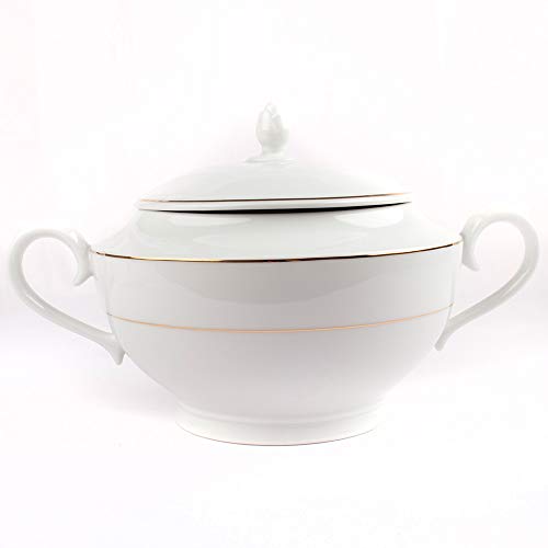 FranquiHOgar | Sopera de Porcelana Blanca con Tapa y Asas, para sopas y guisos con Filo de Oro | Modelo Clásico Bremen | Menaje Mesa