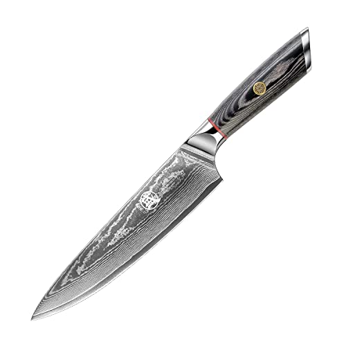 MITSUMOTO SAKARI 20 cm Cuchillos Cocina Japoneses Gyuto, Cuchillos Cocina de Damasco AUS-10, Cuchillos Cocina Profesionales Forjados a Mano (Mango de Madera Pakka y Caja de Regalo)
