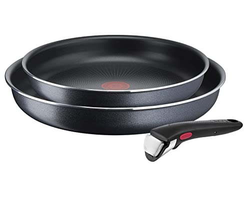 Tefal L15892 Ingenio XL Force - Juego de sartenes (3 piezas, 22/26 cm + 1 mango extraíble, apilable, sellado antiadherente, indicador de temperatura de señal térmica, gris/azul