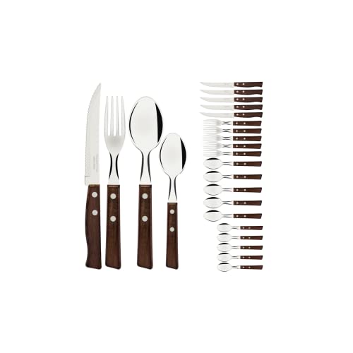 TRAMONTINA - Juego de Cubiertos Tradicional, para Comida, en Acero Inoxidable y Mangos de Madera Natural, Utensilios con Remaches de Aluminio, 24 Piezas