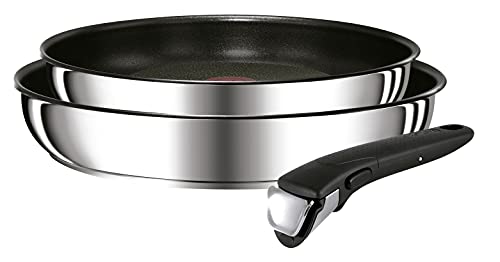 Tefal Ingenio Preference - Juego de 2 Sartenes + Mango extraíble: 2 Sartenes de 24/28 cm de acero inoxidable, mango intercambiable, sartenes antiadherentes, Thermospot, apto todo tipo cocinas y horno