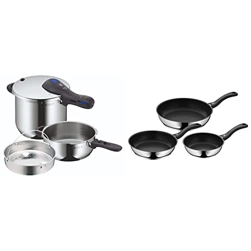 WMF Perfect Plus - Set con Olla Rápida 22 cm de diámetro de 6 litros y medio + cuerpo 3 litros con cestillo de vapor & Juego de 3 sartenes antiadherentes Devil 20-24-28 cm, de acero inoxidable