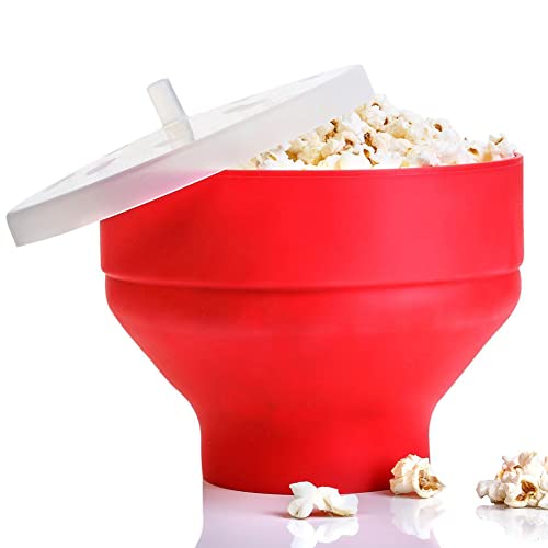 Cuenco de silicona para palomitas de maíz, cubo de palomitas de maíz plegable reutilizable de 7.87 pulgadas, creativo cubo de silicona resistente a altas temperaturas con tapa para el hogar, cuenco de