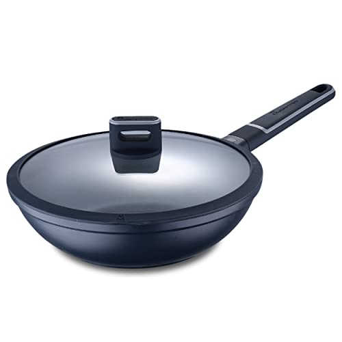MasterPRO Indigo | Wok de Cocina de 28 cm de Diámetro y 8 cm de Altura con Tapa | Aluminio Fundido | Revestimiento de Máxima Antiadherencia | Mango Soft Touch | Para Todo Tipo de Cocinas