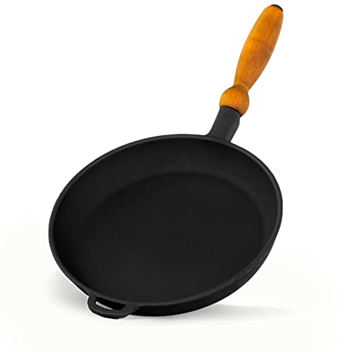Sartén universal de hierro fundido con mango de madera, de 26 cm de diámetro, baja para cocer y freír, para todo tipo de fuegos, barbacoa y fuego, con mango, inducción, negro, sin revestimiento