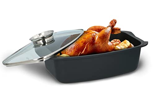 JUNG ALPINA - Cazuela de aluminio fundido + tapa, apta para horno 5,5 L, olla para asar, olla de aluminio fundido, molde para horno, cacerola de aluminio fundido, cacerola de 39 cm
