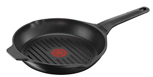Tefal Aroma - Grill de aluminio fundido 26 cm, recubrimiento titanio antiadherente y thermosport, aptas para todo tipo de cocinas, base gruesa para inducción, picos vertedores y asas de apoyo, Negro