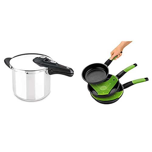 BRA A185104, Olla a presión Vitesse, Acero Inoxidable + Bra Prior Set de 3 Sartenes, Aluminio Fundido Antiadherente, Incluye dos Salvamanteles Safe Verdes