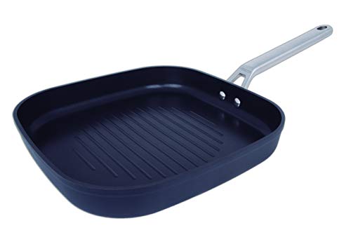 Arcos Serie Samoa | Grill Antiadherente 28x28 cm | Aluminio Forjado | Full Induction | Mango Acero Inoxidable Efecto Frio | Sistema ahorro energético | Apta lavavajillas | Color Negro