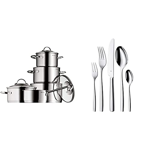 Wmf Provence Plus Batería De Cocina, Acero Inoxidable Cromargan, Tapas De Cristal + Palma Cromargan Cubertería, Acero Inoxidable, 30 Piezas Para 6 Comensales