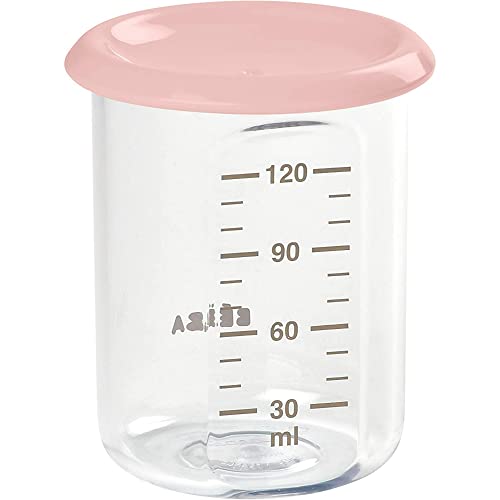 BÉABA, Tarro de conservación para la comida del bebé, Plástico de primera calidad, Cierre hermético, Graduación en ml, Zona de marcado en la tapa, Fabricado en Francia, 120ml, Rosa