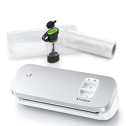 FoodSaver VS1191X Envasadora al vacío de alimentos compacta con accesorio sellador manual, 1 rollo pequeño y 5 bolsas pequeñas, color plata con detalles blancos