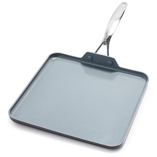 GreenPan Valencia Pro Sartén cuadrada 28 cm antiadherente cerámica anodizada dura, sin PFAS, inducción, apta para lavavajillas, apta para horno, gris