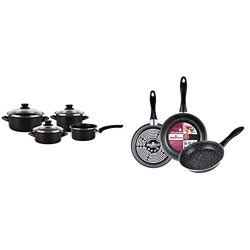 MAGEFESA Kenia Negra Batería De Cocina 7 Piezas, Acero Vitrificado Exterior Negro. Antiadherente Bicapa Reforzado + K2 Gransasso Juego De 3 Sartenes (18/20/24) Cm De Acero Vitrificado