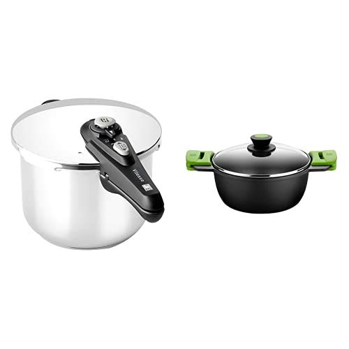 BRA RÁPIDA Vitesse Olla de 6 litros apta para todo tipo de cocinas incluida inducción, Acero Inoxidable, Plata, 22 cm + PRIOR Cacerola alta con tapa de cristal y asas de silicona, 24 cm