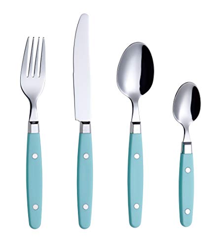 Exzact Cuberterías 24 Piezas Acero Inoxidable - con Asas de Remache artesanales/Cubiertos de Estilo Retro - 6 x Tenedores, 6 x Cuchillo, 6 x cucharas de Mesa, 6 x cucharas de té (Turquesa)