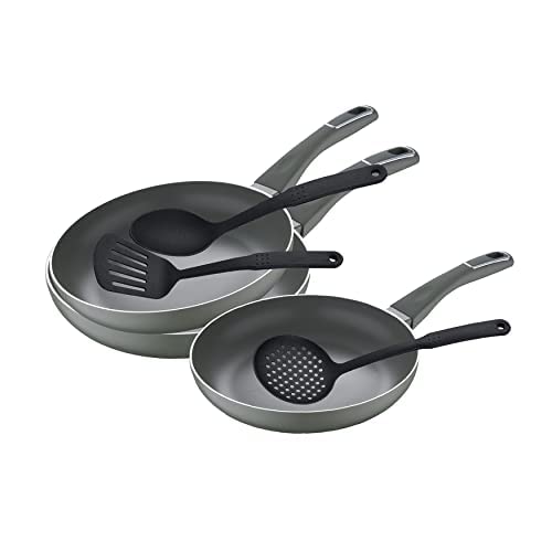 San Ignacio Trébol | Sartenes Antiadherentes | Set de 3 Piezas con 3 Utensilios de Cocina | Fabricadas con Aluminio Prensado | 20, 24 y 28cm de Diámetro| Para Todo Tipo de Cocinas.