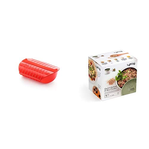 Lékué Estuche de vapor con bandeja, 3-4 personas, Capacidad: 1400 ml, color rojo + Recipiente para cocinar Quinoa, Arroces y Cereales, 1 Litro