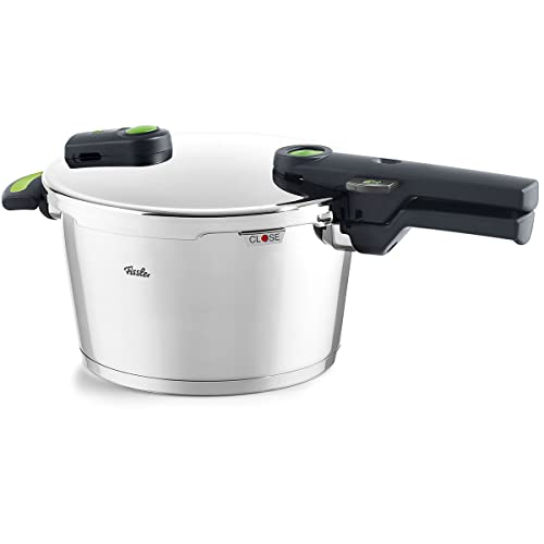 Fissler Vitaquick Green Olla a presión de 4,5 L y 22 cm de diámetro, acero inoxidable, 2 niveles de cocción, incluye accesorio de cocción al vapor, inducción