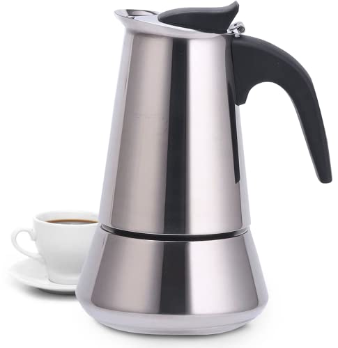 Dekohome Cafetera Italiana 6 Tazas de Acero Inoxidable, Mango Anti Quemaduras y Sistema Antigoteo, Cafetera Inducción Apto para Vitrocerámica y Gas, Café Expresso para uso Domestico y Oficina