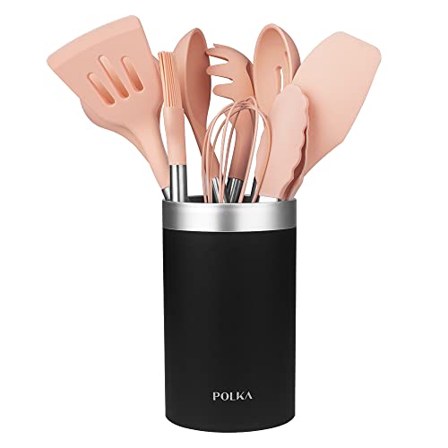 Cecotec Utensilios de Cocina de Silicona Polka Experience Gravity. Set de 9 piezas Rosa pastel, Recubierto Soft touch y Mango de Acero. Materiales: Silicona, Nylon y PP, Incluye Holder Polka