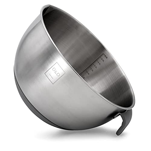 D&D Living® Bol de acero inoxidable profesional 4,5L - Bol de cocina con fondo de silicona, tapa y asa | Bols de repostería Ø 24 cm grande | Bol metálico, bol mezclador repostería, para mezclar