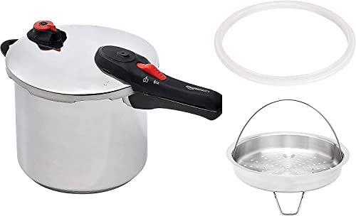 Amazon Basics - Olla a presión de acero inoxidable con vaporera y anillo de silicona extra, 9 l
