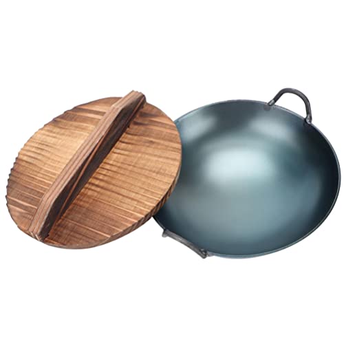 Alipis Wok De Hierro Fundido Con 2 Asas Y Tapa De Madera Sartén De Hierro Antiadherente Con Base Plana Para Saltear Asar A La Parrilla Freír Vapor Para Comida Asiática 9