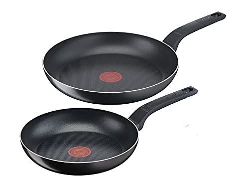 Tefal B55590 Easy Cook & Clean Juego de 2 sartenes, incluye sartén de 24/28 cm, revestimiento antiadherente, segura, señal térmica, con base difusora, cocina saludable, color negro