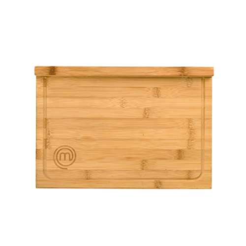 MasterChef Tabla de cortar de madera, tabla de cocina de bambú, para carne, jamón, pan, queso, con ranura y borde para jugo, natural, sostenible, 38,5 de largo x 26,5 de ancho x 2 de alto