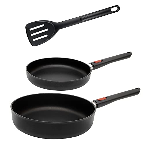 Woll Eco Lite - Juego de 2 sartenes (24 cm, sartén plana de 28 cm, apta para inducción, apta para lavavajillas, mango extraíble, incluye espátula