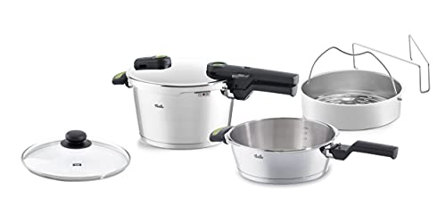 Fissler Vitaquick Green Juego de ollas a presión, 5 piezas, olla a presión de 4,5 L y de 2,5 L, ambas con un diámetro de 22 cm, incluye tapa de metal, tapa de vidrio, accesorio de cocción al vapor