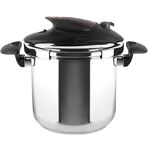 MAGEFESA ® Prisma olla a presión súper rápida de 7,5 litros, facil mecanismo de bloqueo, acero Inoxidable 18/10, apta para todo tipo de cocinas, incluido inducción, 5 sistemas de seguridad, express